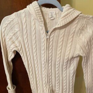 White zip-up cable knit Land's End girls sweater with hood
